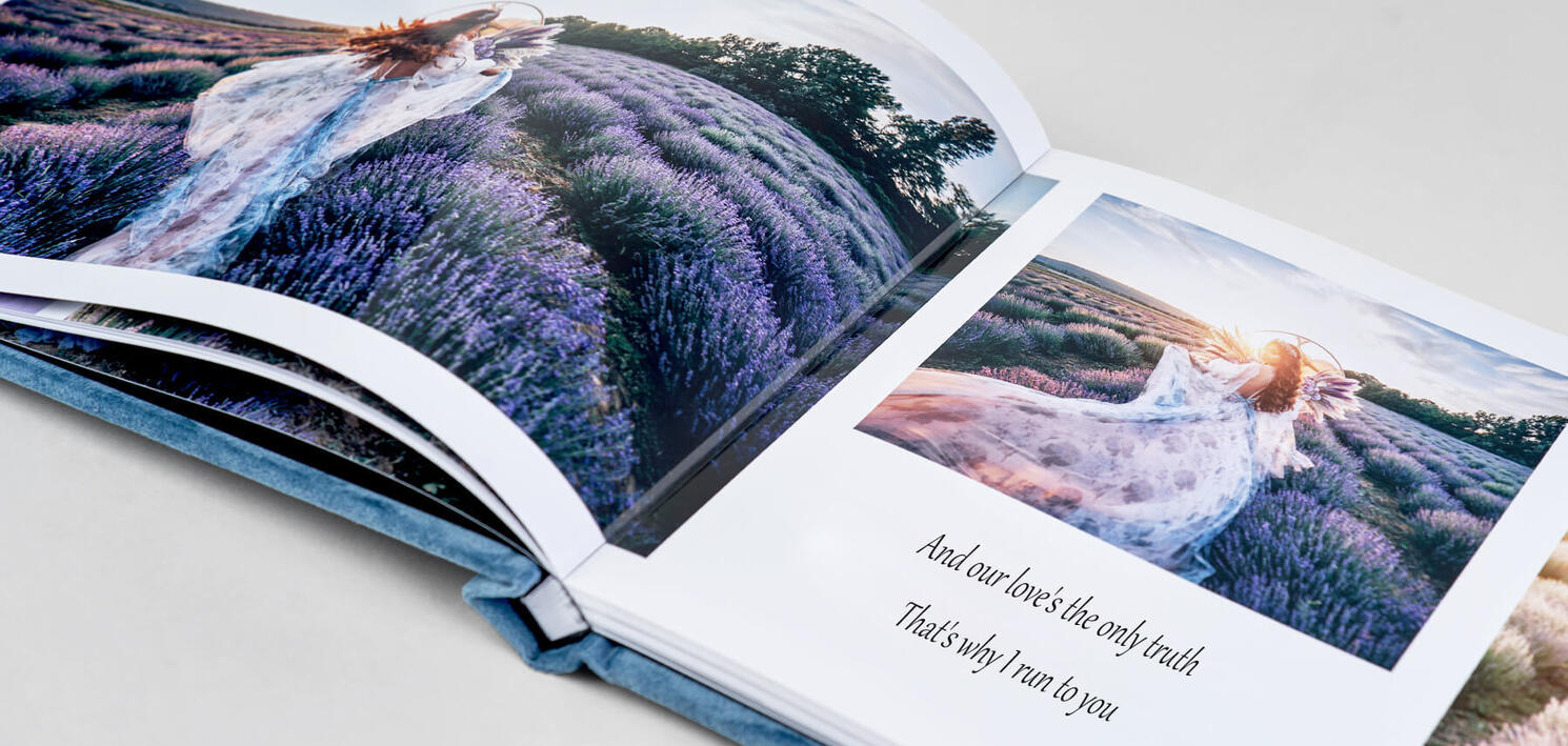 Photobook design with text, subtitles